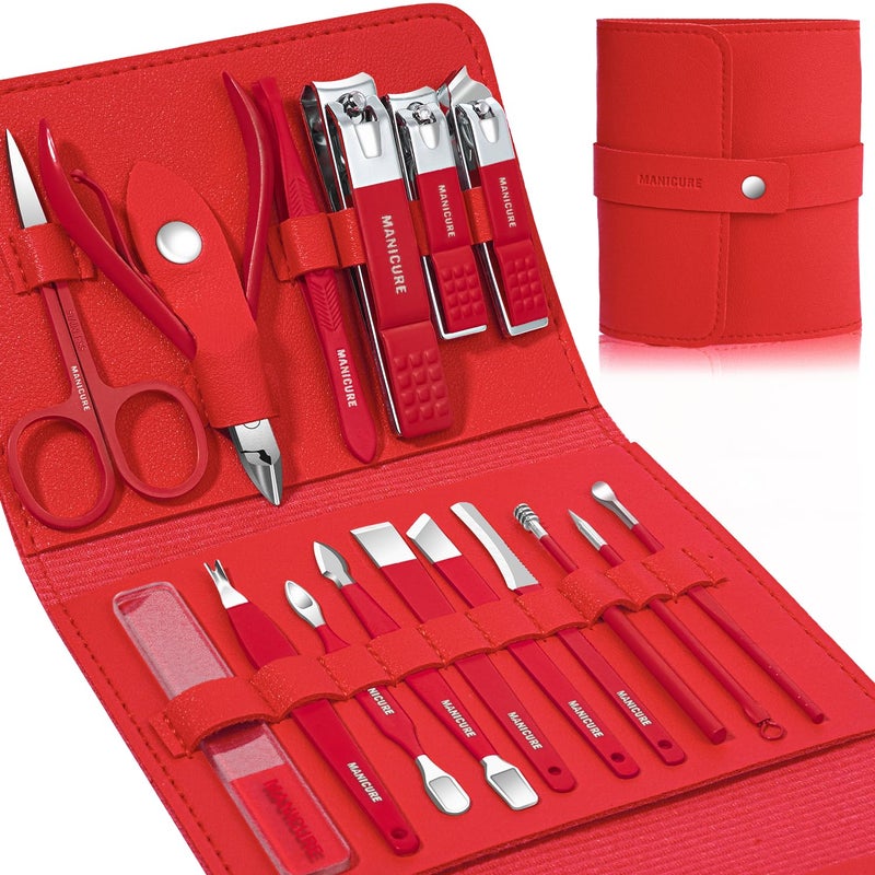Leipple Manicure Set Professional Nail Clippers Pedicure Kit, 16 pcs Stainless Steel Nail Care Tools Grooming Kit with Luxurious Travel Leather Case for Thick Nails Men Women Gift (Red) - Image 1